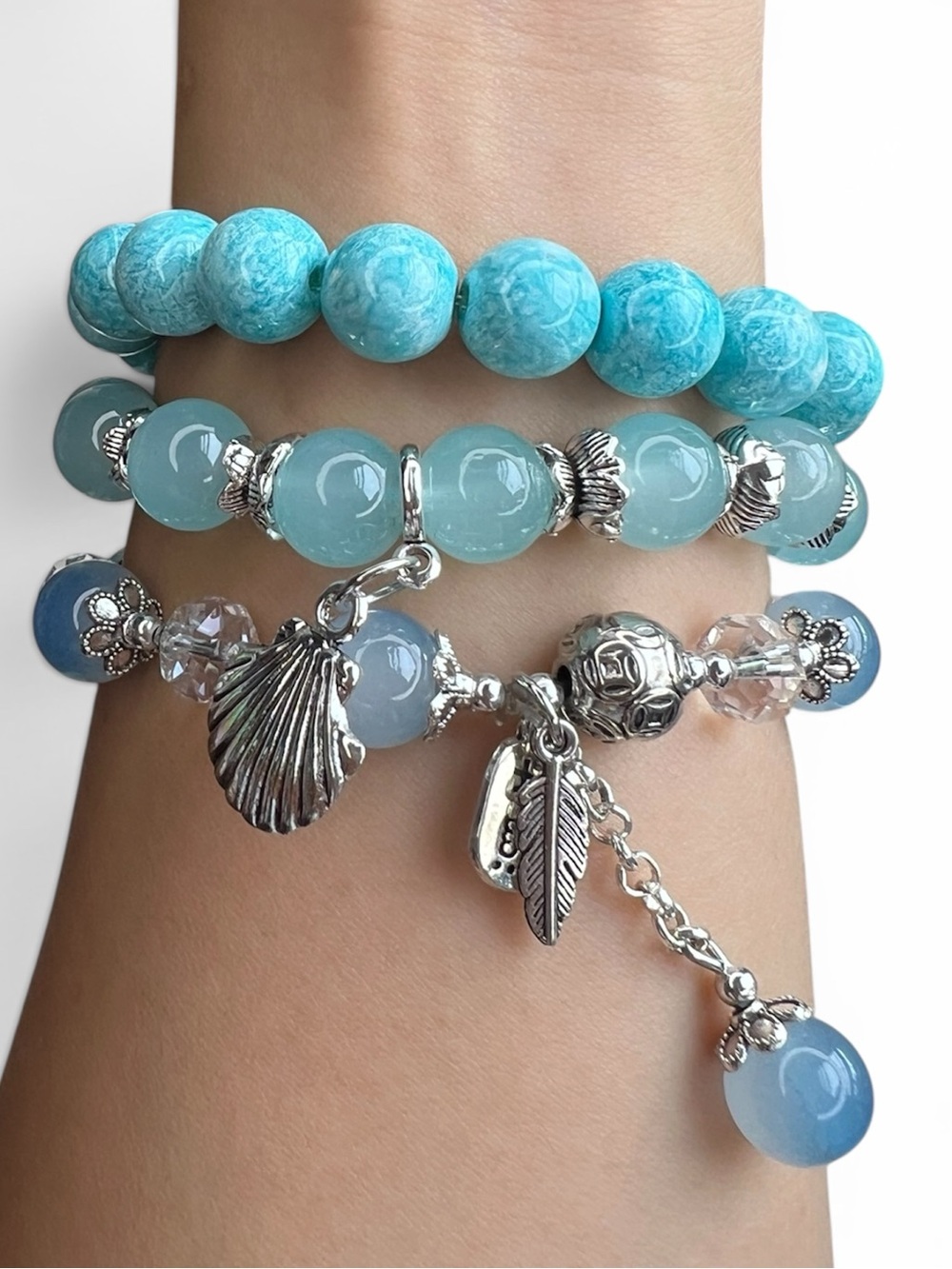 Aqua Blue Shell Charm Beaded 3 Pieces Stretch Bracelet Set NWOT